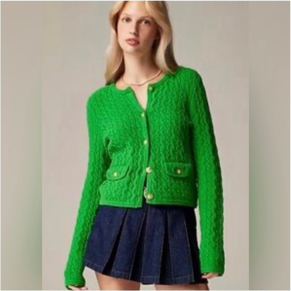 J.Crew Odette Cable-Knit Sweater Lady Jacket Kelly Green Boucle CB891 Size M